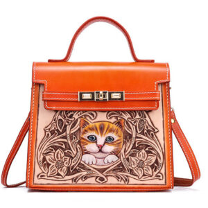 Handmade First Layer Cowhide Engraved Cat Handbag
